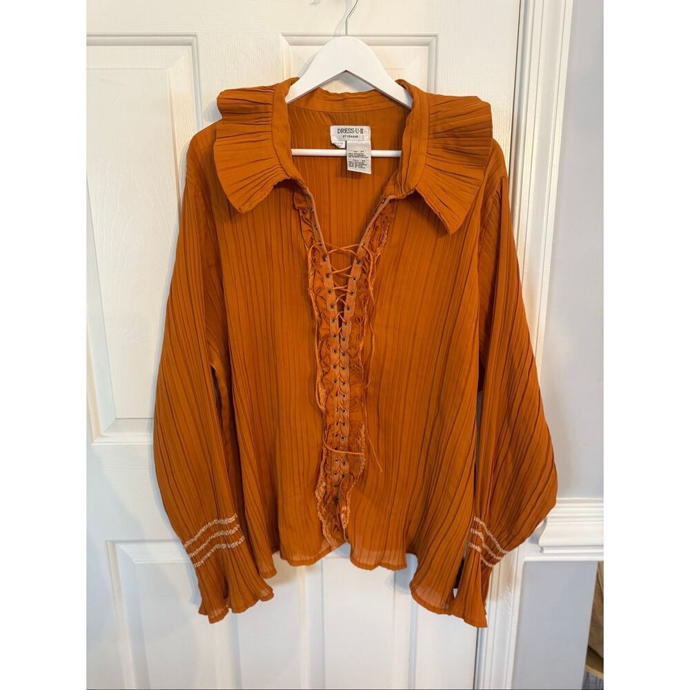 Vintage Dress-U-II Burnt Orange Ruffle Lace Up Wide Collar Pleated Ren Faire Blo
